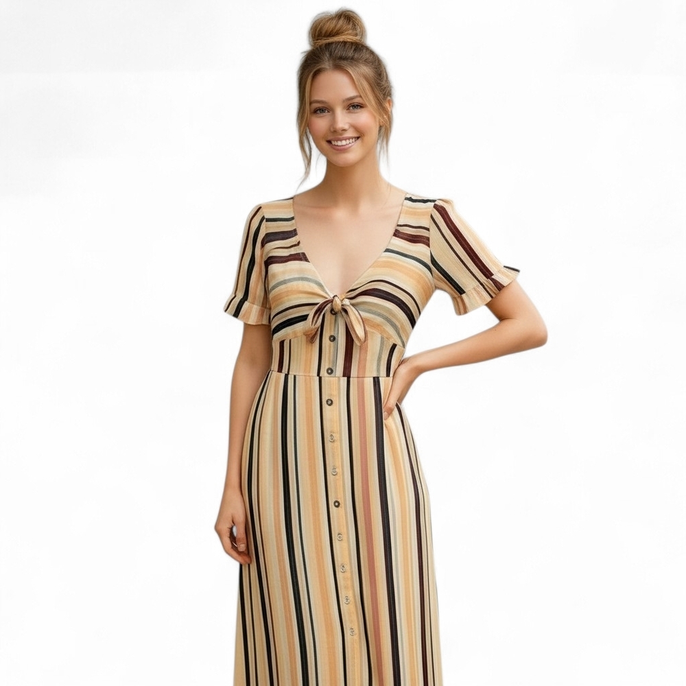 LOST + WANDER Tie Front  Multi-Color Striped Detail‎ Midi Milkmaid Dress XS